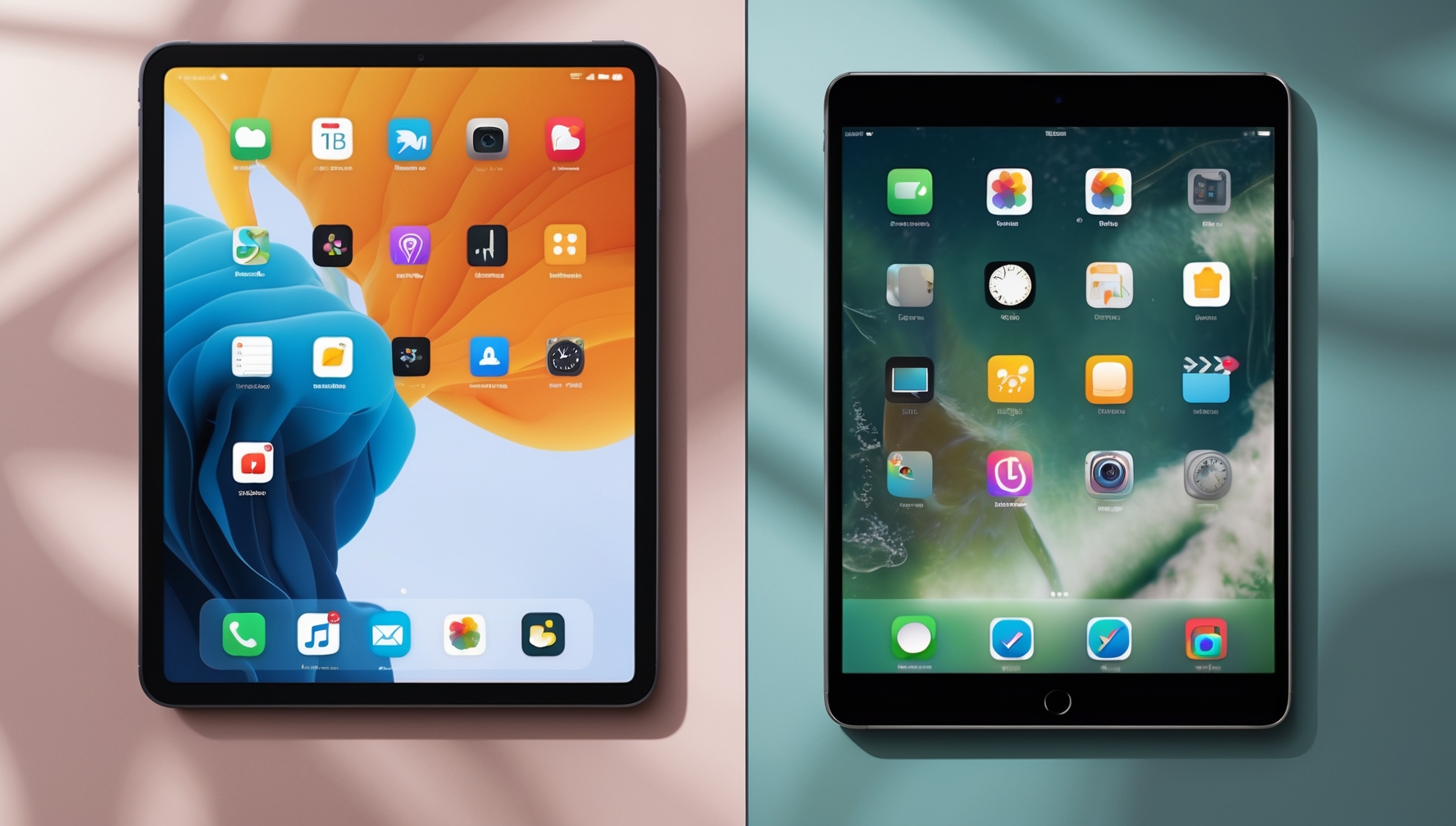 Felosztott képernyős összehasonlítás iPad iPadOS felülettel bal oldalon és Android tablet felülettel jobb oldalon