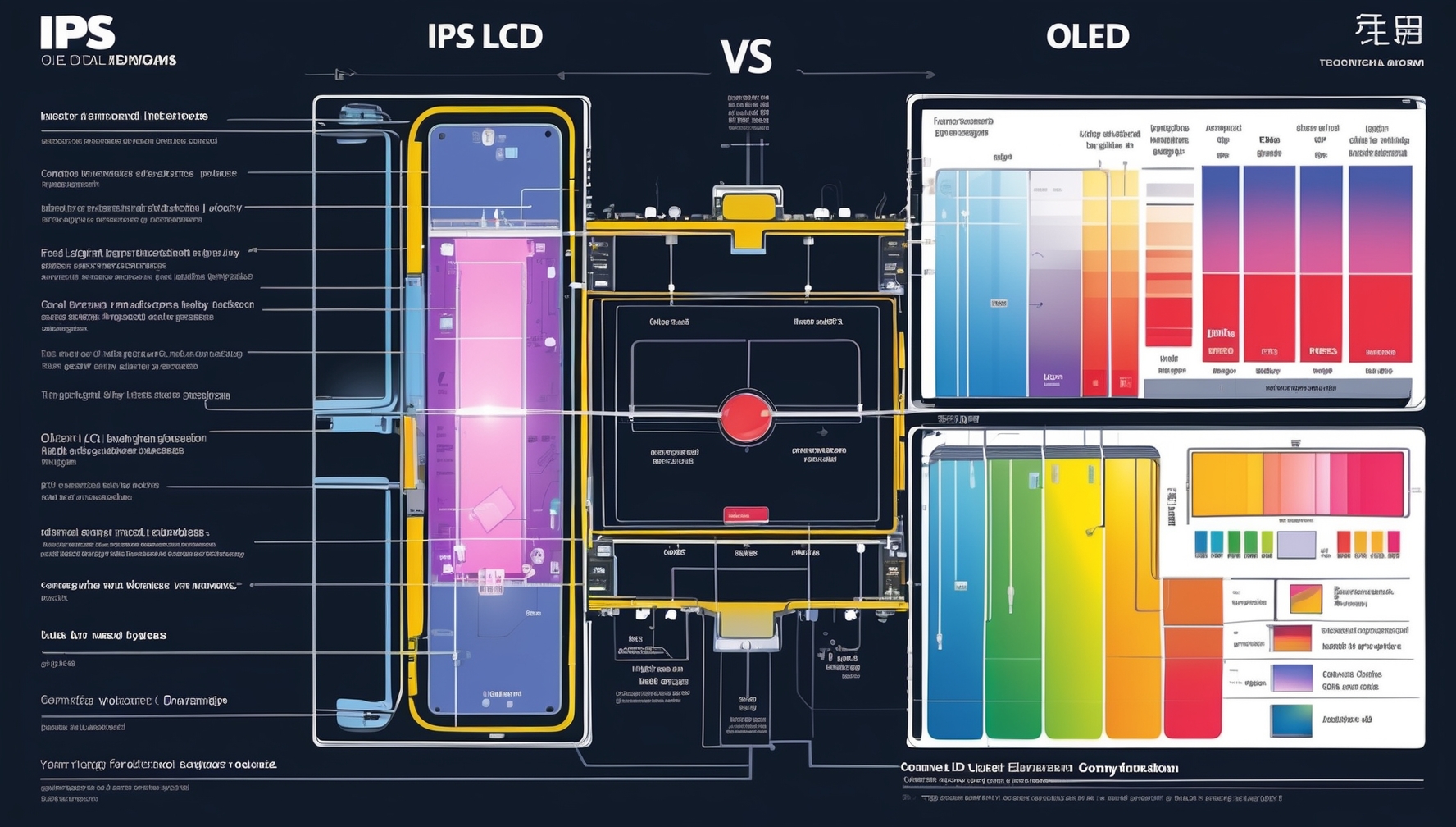 Technikai diagram IPS LCD és OLED kijelző technológiák összehasonlítása keresztmetszeti nézettel és színpontosság diagramokkal