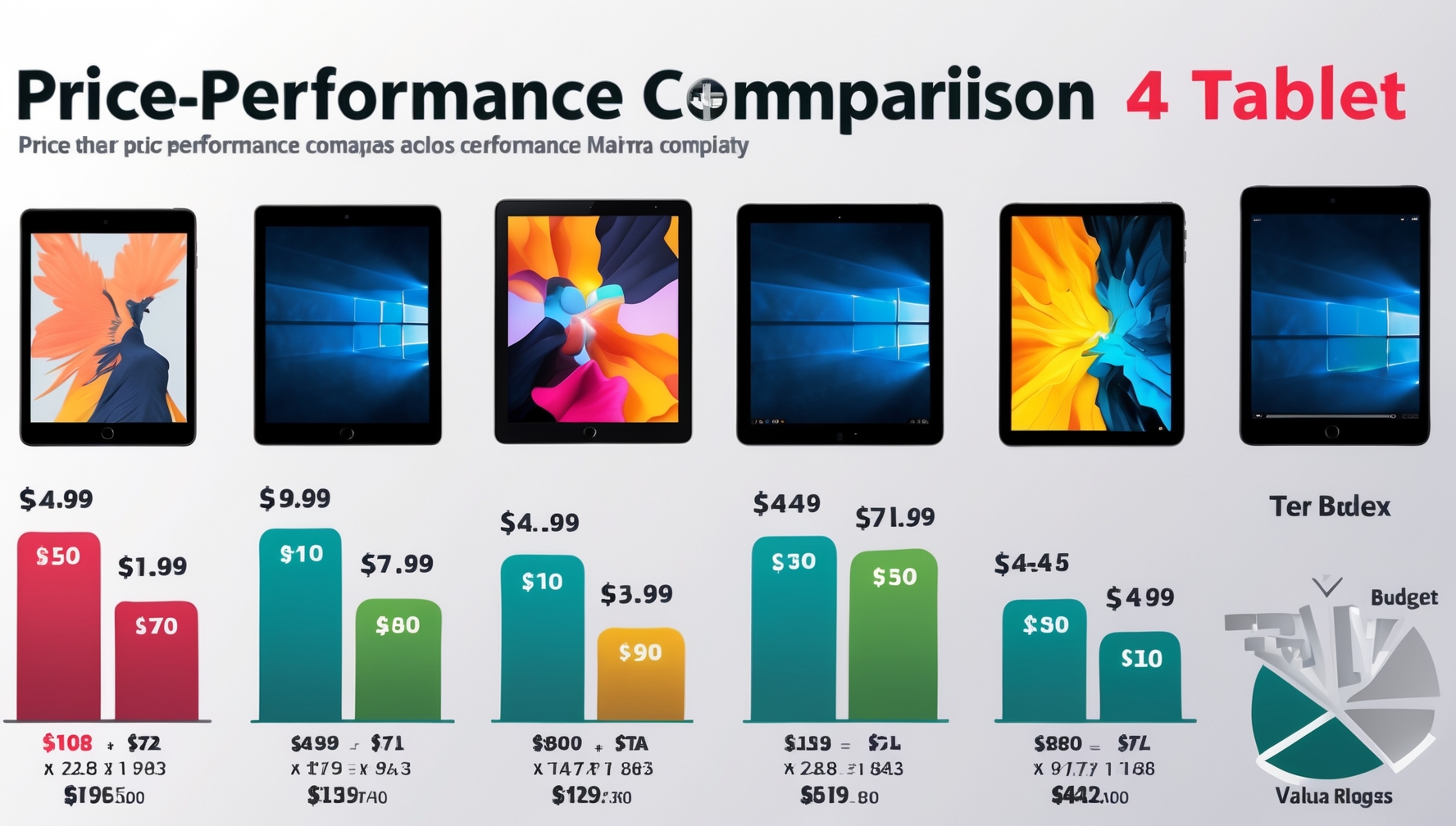 Ár-teljesítmény összehasonlító diagram tablet kijelzőkről különböző árkategóriákban infografika stílusban