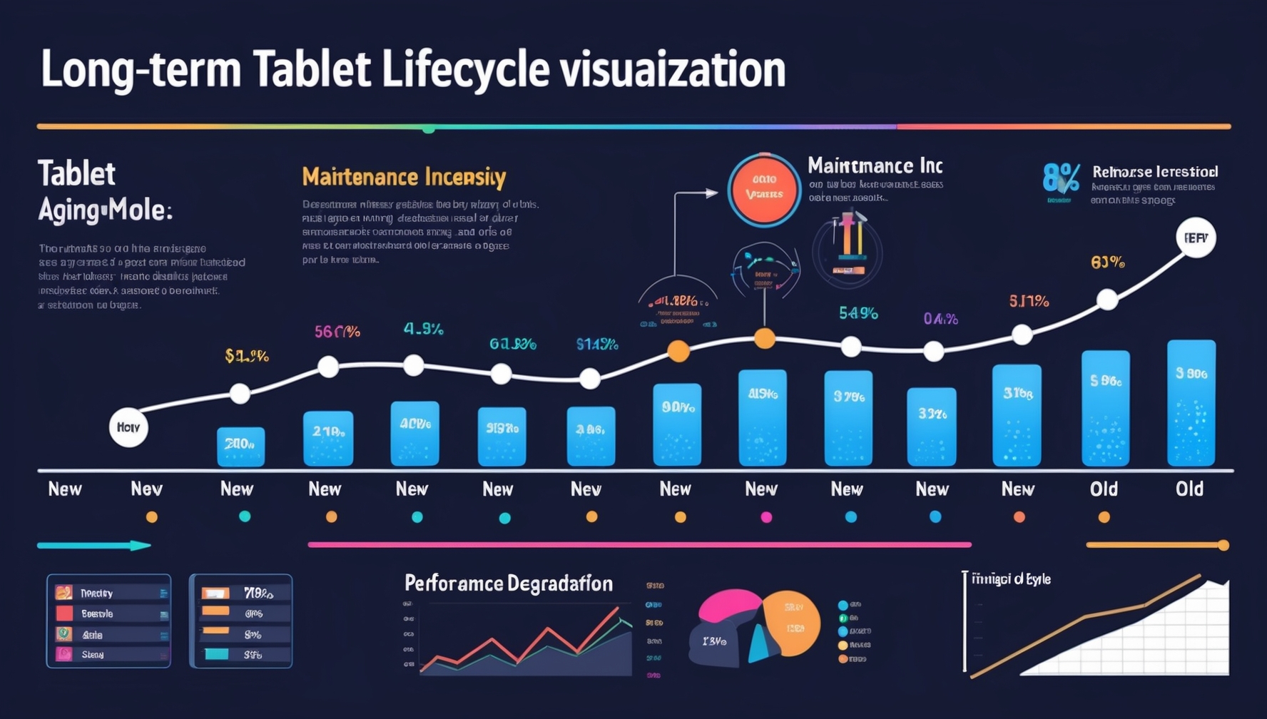 Tablet életciklus vizualizáció idővonalon új állapottól régi állapotig karbantartási intenzitás növekedésével professzionális infografika stílusban