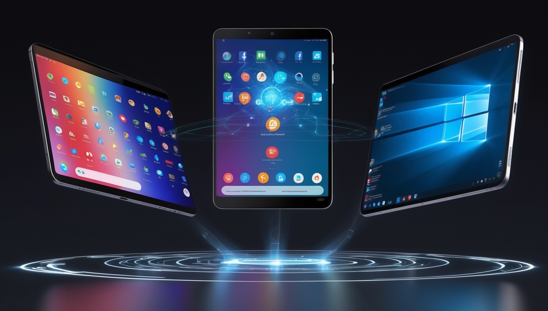 Futurisztikus koncepció tablet operációs rendszerek evolúciójáról három lebegő tablettel holografikus felületekkel