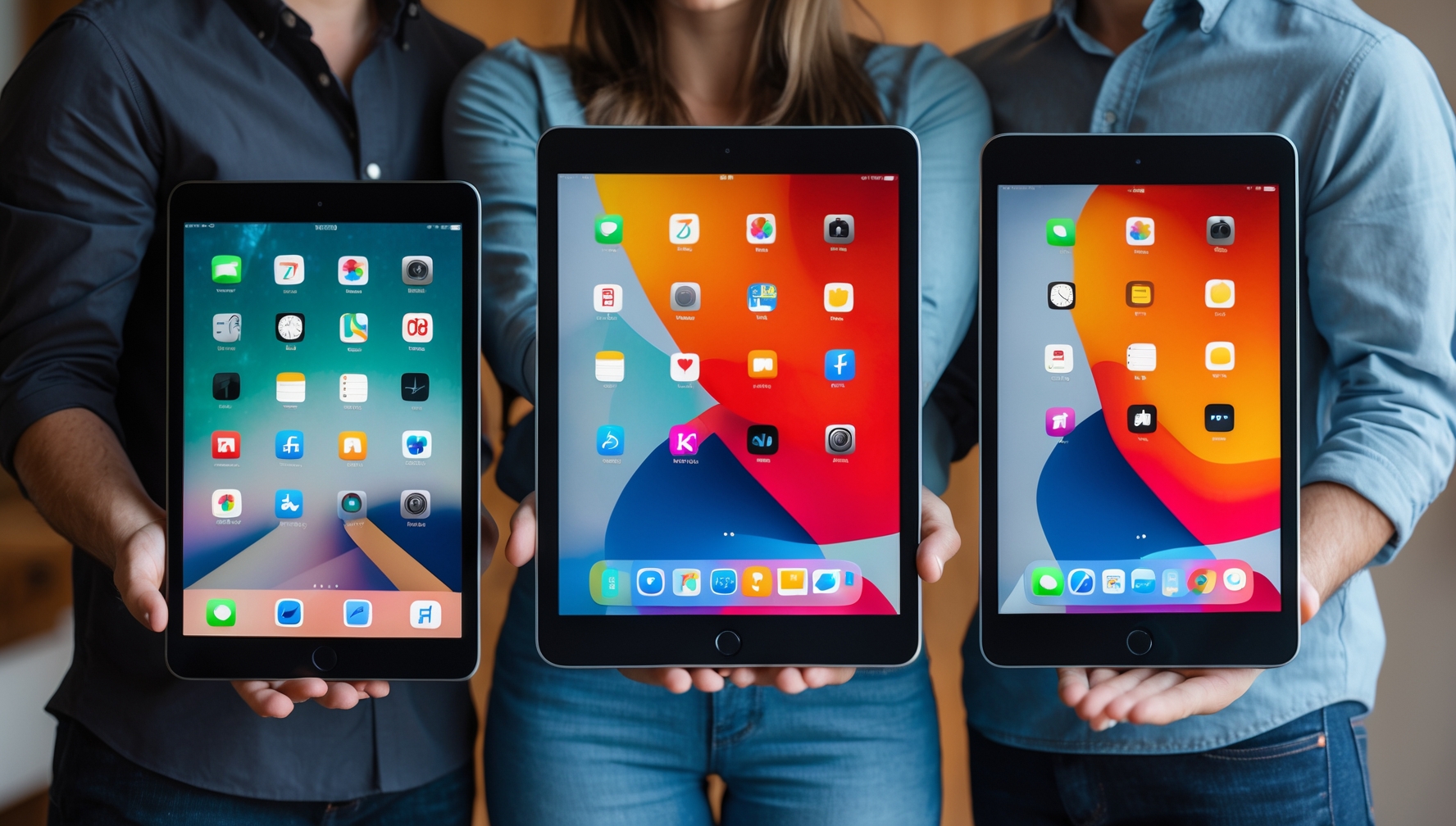 Tablet méretek összehasonlítása kéz tartja 7 colos 10 colos és 12 colos tableteket méret demonstrálásához