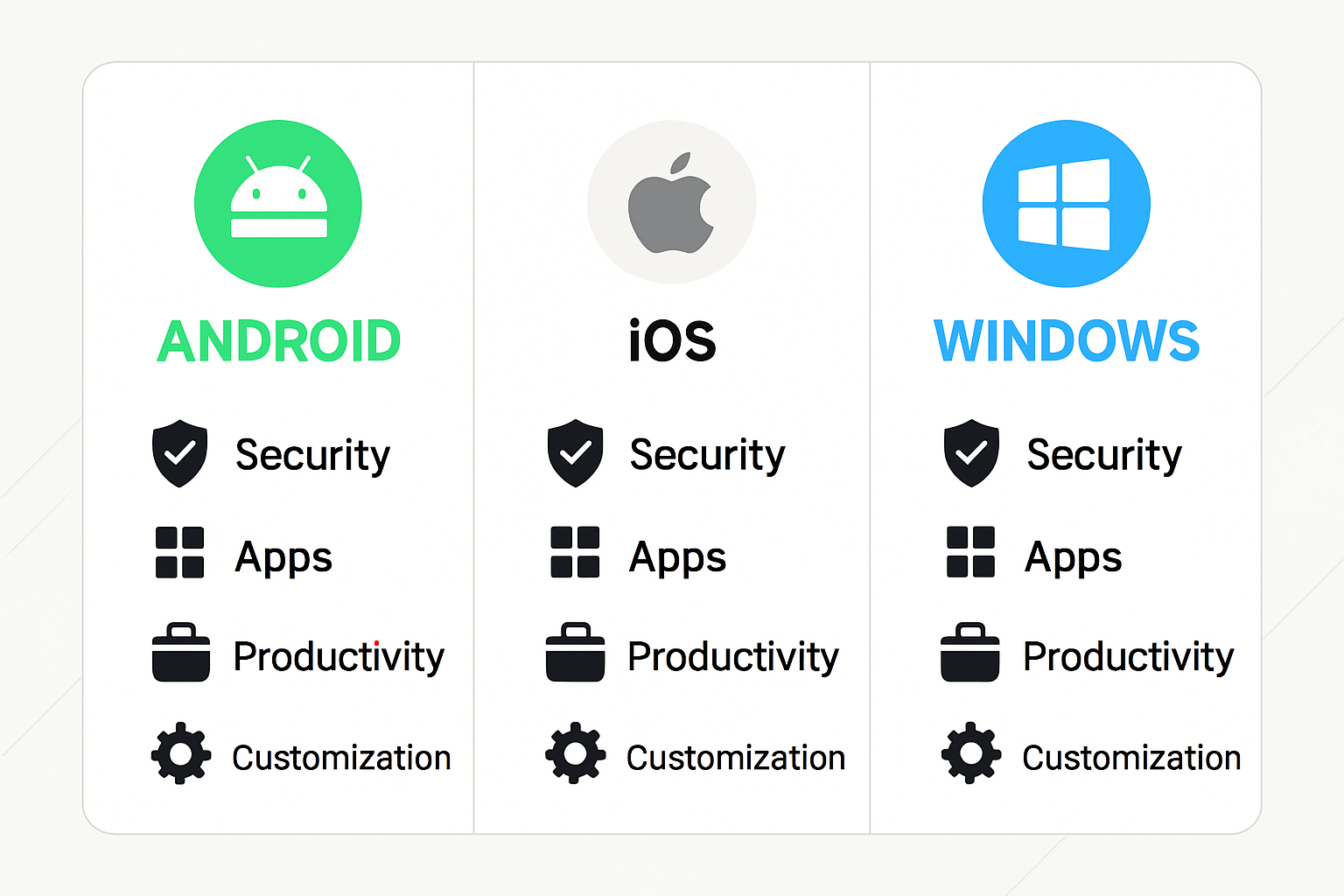 Infografika stílusú összehasonlító táblázat három oszlopban Android, iOS és Windows tabletekkel funkciók összehasonlításával