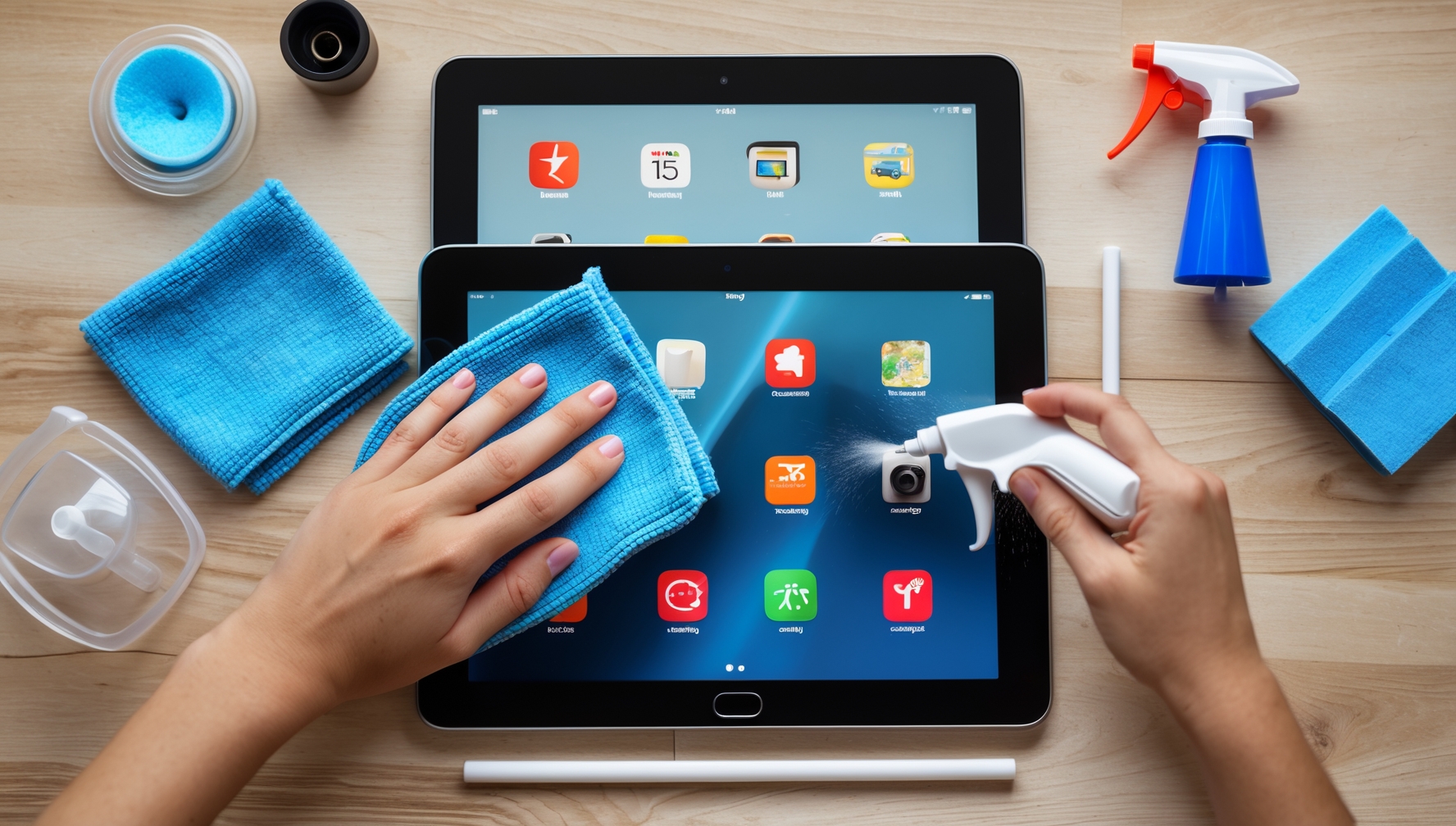 Lépésről lépésre tablet tisztítási folyamat mikroszálas kendővel és sűrített levegővel professzionális oktatási fotó stílusban