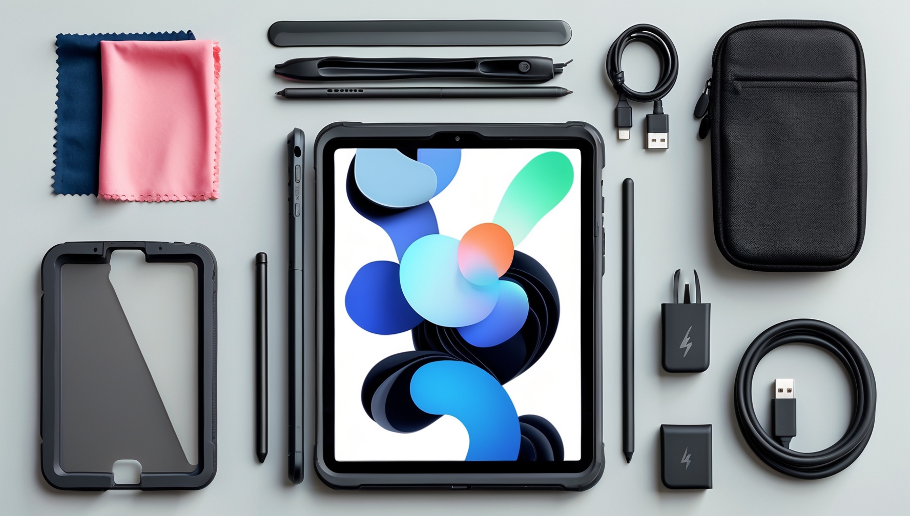 Tablet védő kiegészítők elrendezése védőtok kijelzővédő fólia törlőkendő stylus töltőkábel termékfotó stílusban